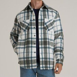 American Tall Brushed Flannel Overshirt for Tall Men in Ecru and Green Plaid Siz